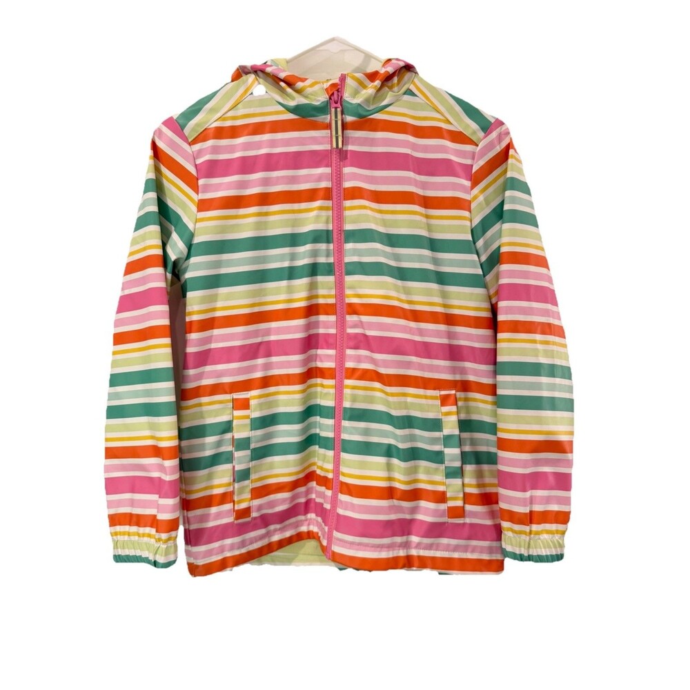 Cat & Jack Girls Size M 8 Hooded Rain Coat Jacket Rainbow Stripes Colorful Fun